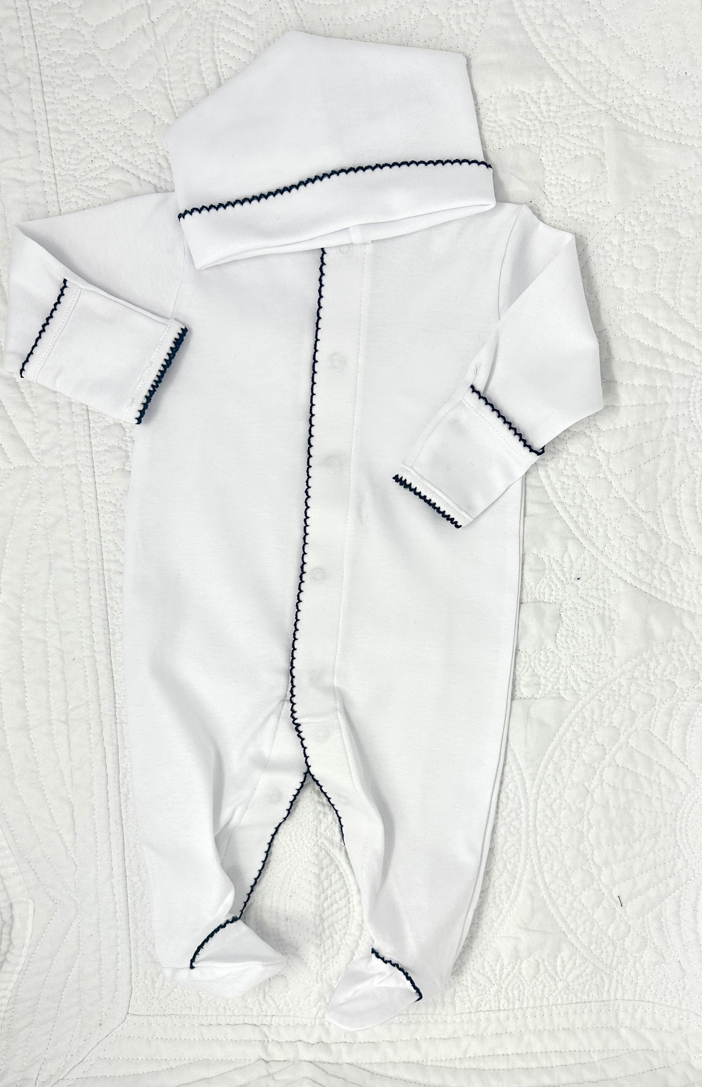 White with Navy Piquet Trim Footie and Hat Set